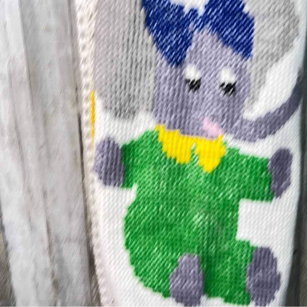 Vintage Elephant Crochet Blanket Color Blocks Red Yellow Gray Green Blue & White